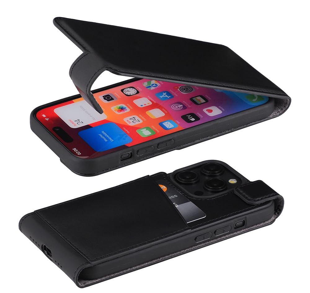 Suncase Original Flip-Style (Ultra-Slim) kompatibel mit iPhone 16 Pro (6,3 Zoll) Hülle Ledertasche Tasche Schutzhülle Case Cover Hülle in schwarz