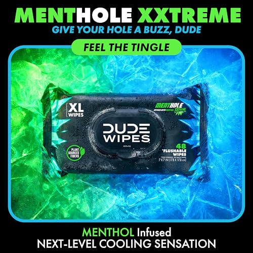 Image of DUDE Wipes MentHOLE XXtreme Flushable Wipes - Menthol Infused Extra-Large Adult Wet Wipes - 6 Pack (288 Count) - Infused with Menthol for a Cooling Sensation - Septic and Sewer Safe
