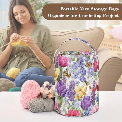 Image of ElliTarr Crochet Bag Yarn Bag with Handle Portable Knitting Project Bag Travel Yarn Storage Organizer Holder Case Tulips Lavenders Purple Butterfly