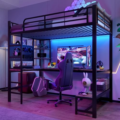Etagenbett Hochbett 90x200 cm mit LED Leiste&USB Steckdose, Kinderbett Metallbett mit Schreibtisch&&mehrere Regalen&Lochbrett, Einzelbett Bettgestell...