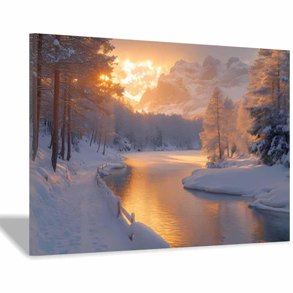 QUSAAOU Bilder Auf Leinwand Abendrot an Winterfluss und Bäumen Moderne Wandkunst In Schlafzimmern,Badezimmern Und Wohnzimmerfluren – Kunst – Natur(Orange)-80x120cm Ungerahmt