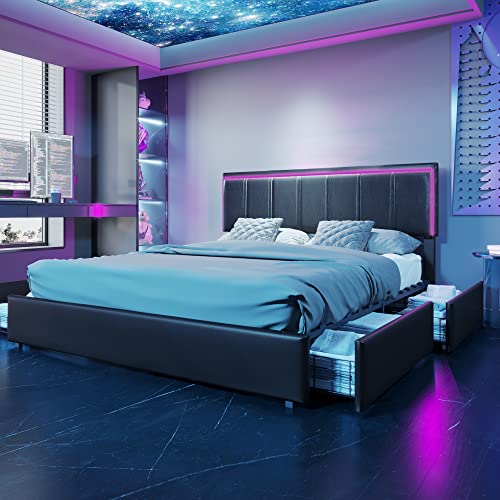 Azkoeesy LED Polsterbett 140x200 cm Gamming Bett mit 4 Schubladen, Bezug...