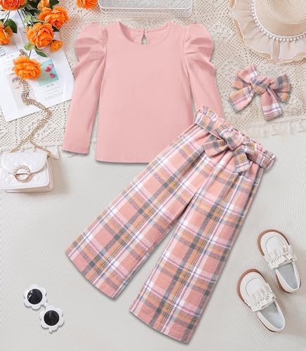 Image of MIGU Toddler Girl Clothes,Girls Fashion Clothes Puff Sleeves Shirt Pants Headband 3Pcs Girls Gifts Sets