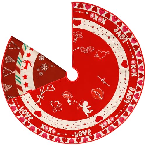 36-Tree-Skirt-Red-Double-Sided-Print-Mat-with-Snowflake-Reindeer-Love-Heart-Pattern-for-Holiday-Party-Decoration 36 Tree Skirt Red Double Sided Print Mat with Snowflake Reindeer Love Heart Pattern for Holiday Party Decoration