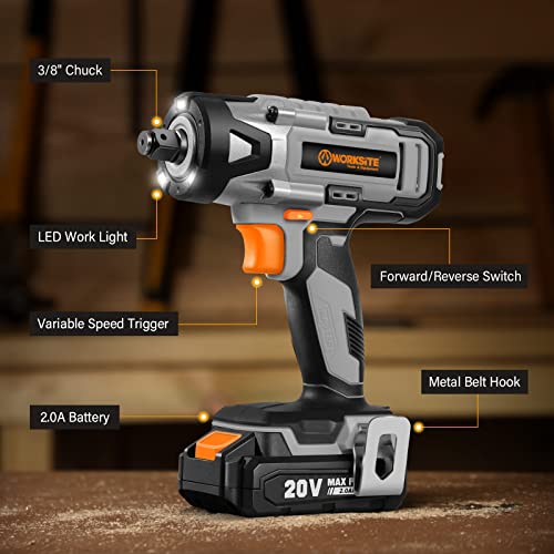 Worksite 20V Cordless Impact Wrench 3/8 Inch, Impact Gun With 2.0A Li-Ion Battery, Charger, 8Pcs Driver Impact Sockets, 3/8" To 1/4" Adaptor & Extension Bar, Grey #TOP1