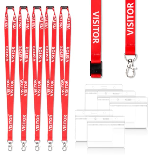 5 Pcs Red Visitor Lanyards for Neck Lanyard with Card Holder Transparent Waterproof Breakaway Safety Id Badge Holder for Id Cards Holder