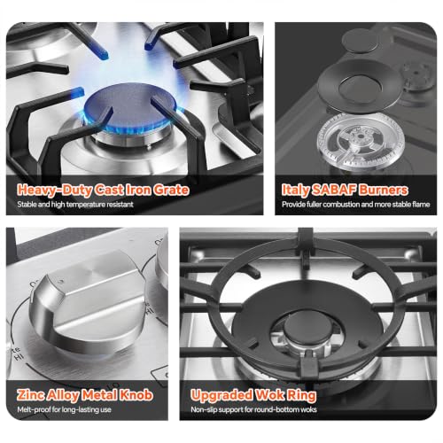 Image of Gas Cooktop 30 inch 5 Italy SABAF Burners with Wok Ring, NG /LPG Convertible | Thermocouple Protection, Built-in 30-inch, Auto Ignition, 48,300 BTU High Power, Stainless Steel, ETL Certified