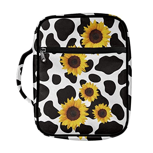 Coldinair Fundas para la Biblia con estampado de girasol y vaca negra para mujer, bolsa grande de transporte de la Biblia con asa y bolsillo con cremallera