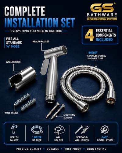 Image of SS304 Stainless Steel Health Faucet Complete Set | High Pressure Jet Spray for Toilet | 1 Meter Hose Pipe & Wall Hook | Hand Bidet Sprayer | Brushed Steel Finish
