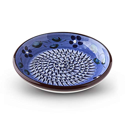 Garlic Grater Plate. (#Ref 5). Handmade and Hand Painted in Cordoba, Spain. Garlic Grater Plate, Blue with Brown Rim and Flowers.