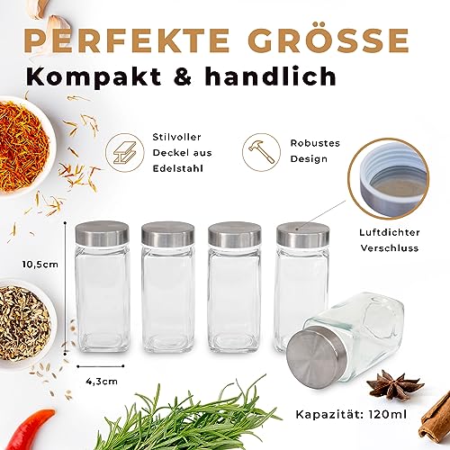Foto von comforder Gewürzgläser Set (25 Stück), Gewürz Organizer mit Gewürzstreuer mit Etiketten + Trichter, Gewürzdosen eckig mit Edelstahldeckel, 120ml (Edelstahl)