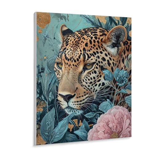 数字油絵 ラッセン 花の中のヒョウ デジタル油絵 数字キットによる絵画 DIY絵 手塗り 動物イラストアート 数字キット塗り絵 壁飾り ホーム オフィス装飾 数字塗り絵 手工芸 初心者 大人 子供 贈り物 40×50cm