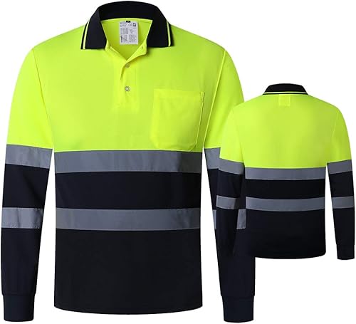 ANSI Clase 2 Hi Vis Camisas Amarillo Marino Manga Larga Reflectante Polo Seguridad Trabajo Camisa para la Construcción Hombres y Mujeres
