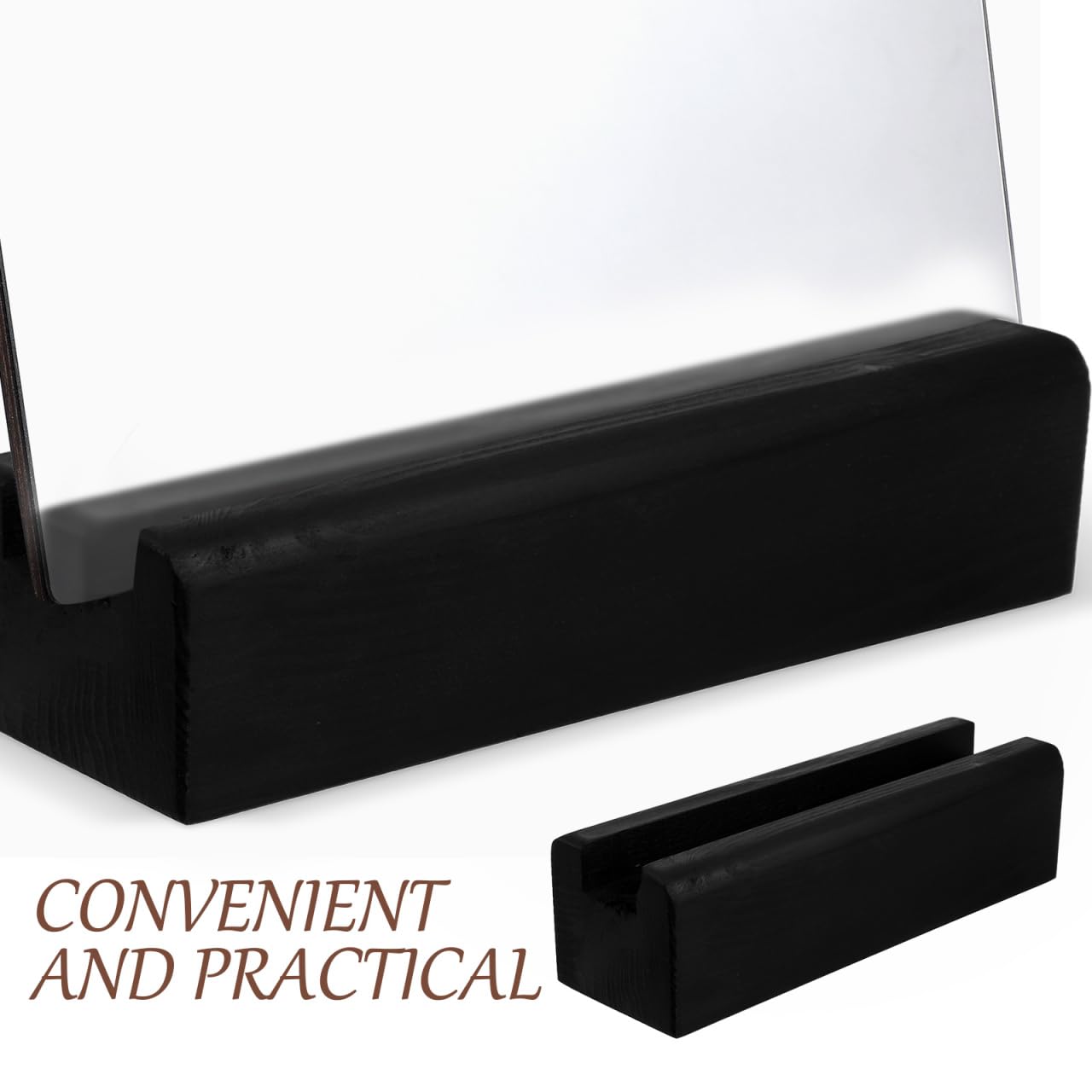 DOITOOL Holzboden Spiegelsockel - 3.5cm Schlitzbreite Halterung für Großen Spiegel Ohne Bohren - Schwarzer Spiegelständer Holz Stehend - Rutschfester Bodenspiegel Sockel Bilderhalter (25cm)