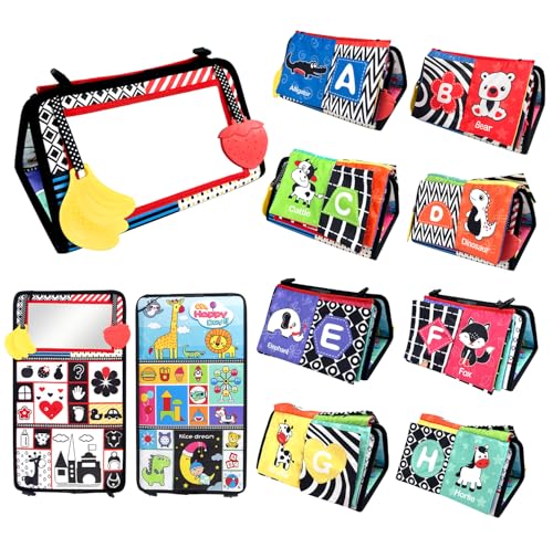 Image of Molly & Nemo Tummy Time Baby Mirror Toys with Crinkle Cloth Book & Teether - Black and White High Contrast Baby Sensory Toys - Montessori Newborn Brain Development