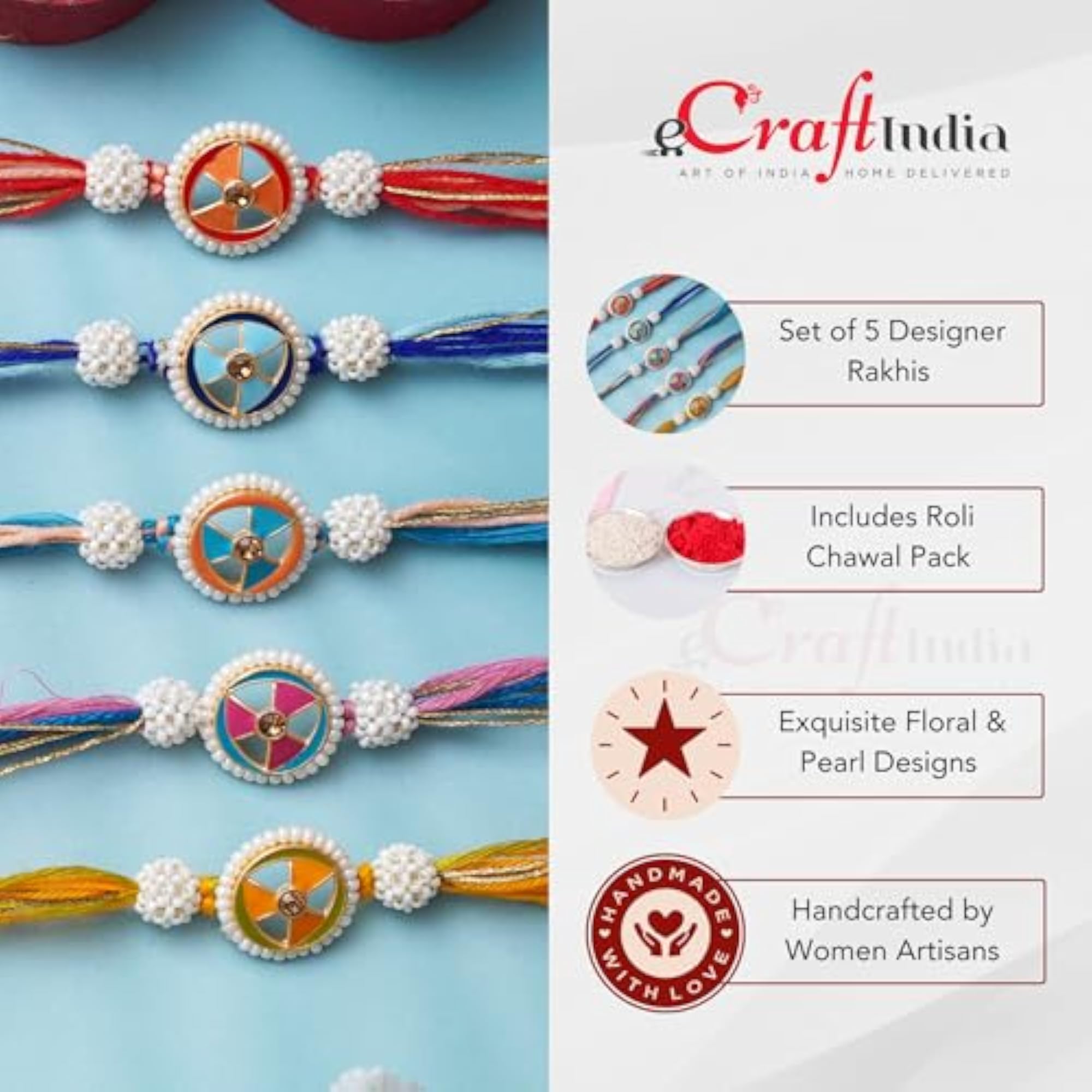 Set of 5 Multicolor Floral Pearls Designer Rakhis, Gift Combo
