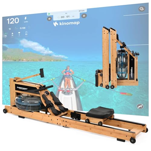 Christopeit Wasserrudergerät klappbar für Zuhause - Rudergerät Holz, Hybrid Wasser-Magnet-System, Kinomap, Bluetooth (Colorado - Bambus)