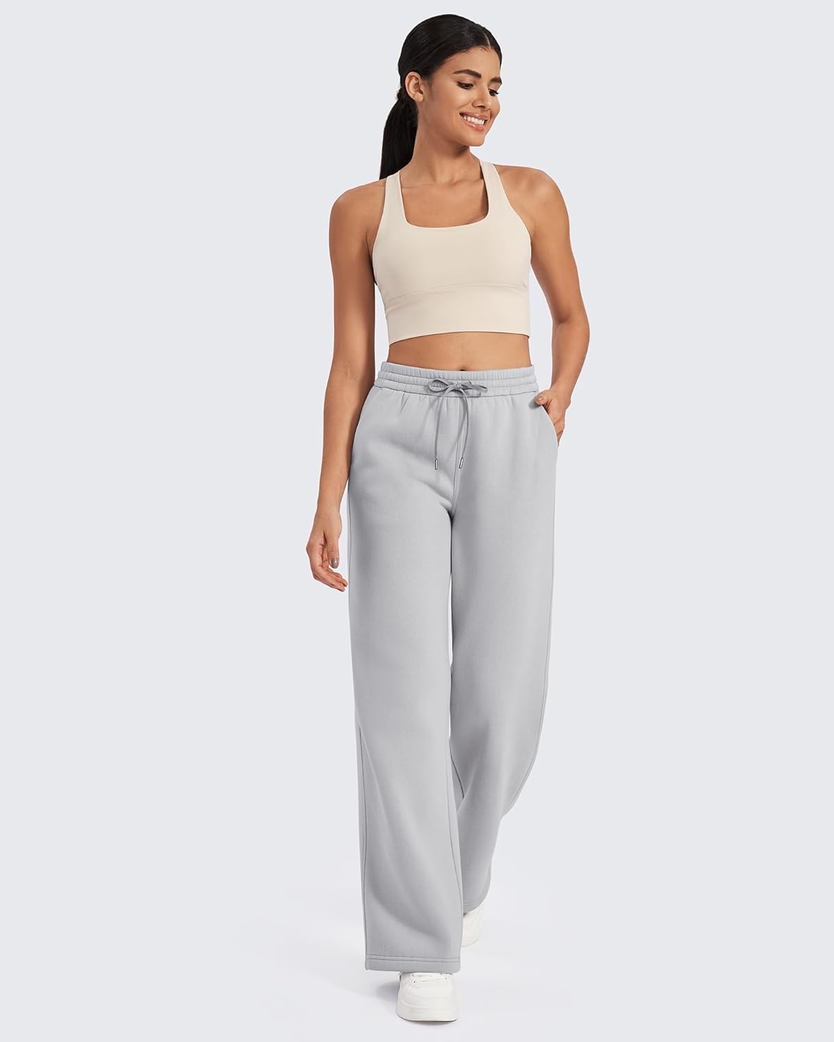 G4Free Wide Leg Pants for Women Cotton Fleece Lined Sweatpants with Pockets Lounge Casual Jogger Winter (Light Gray,L,27'') - Image 6