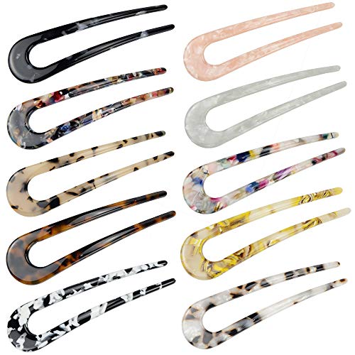 TsLinc 10 Pcs French Style Cellulose Acetate Tortoise Shell U Shaped Hair Pin Fork 2 Prong Updo Chignon Pin U-shaped Hair Pins Stick for Women Girls Hairstyles