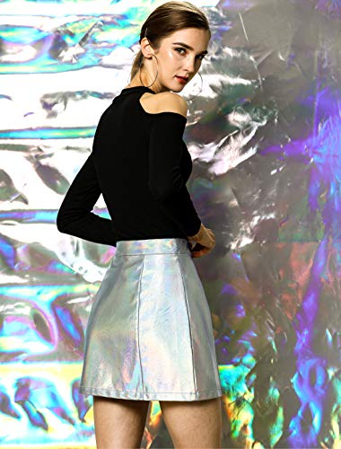 Allegra K Women's Metallic Mini Skirt Shiny Holographic High Waist Zipper Short Skirts X-Large Silver #TOP4