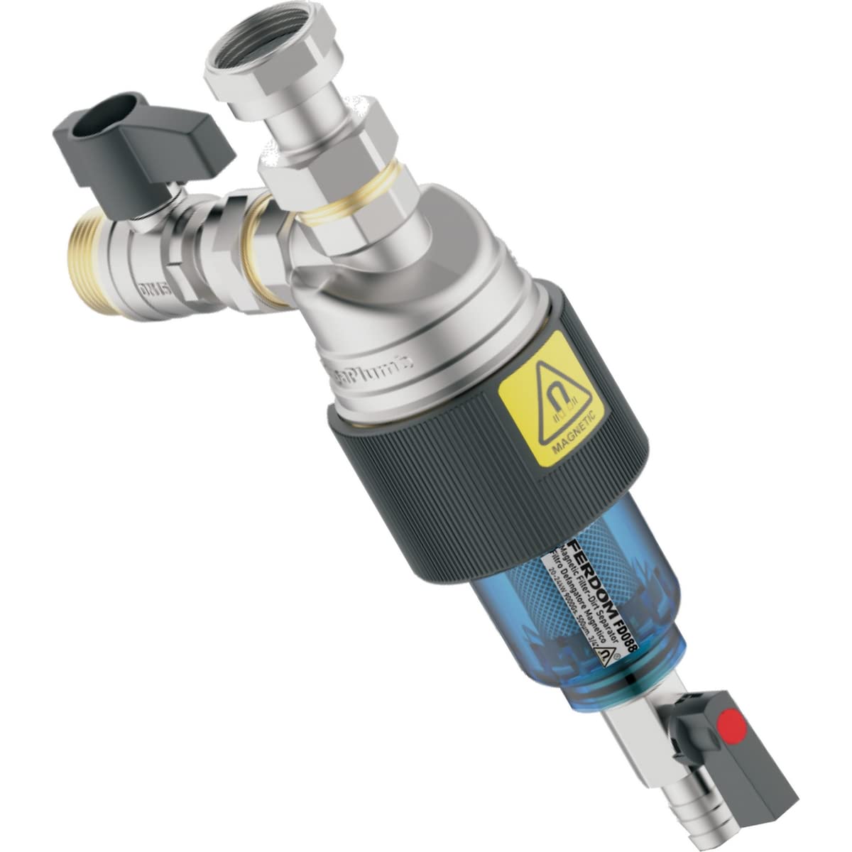 FERDOM FD088 EASY-MAG Filtro Defangatore Magnetico Sottocaldaia 3/4". Anche il sistema solare. Separatore efficiente/filtro 500mμ. Facile da installare e utilizzare. Testa in ottone, Involucro ABS.