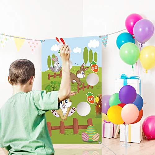 Kithouse Easter Toss Game with 3 Bunny Bean Bags for Kids Adults + Balloon Stand Kit Easter Eggs Hunt Bunnies Game Party Favors Supplies Easter Decorations Outdoor
