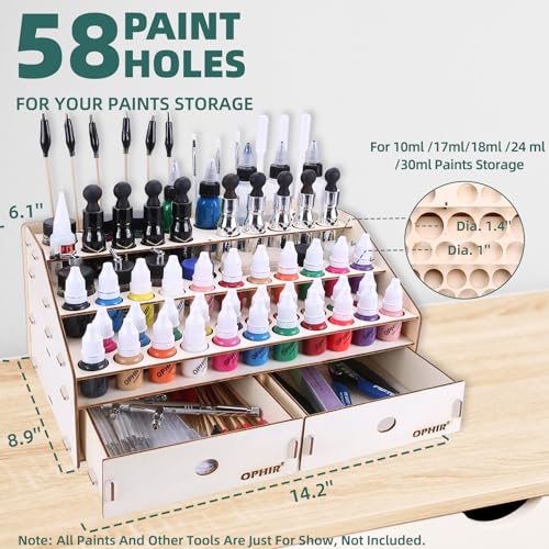 Image of OPHIR Wooden Paint holder Organizer with 2 Cabinet Drawers, Acrylic Paint Storage Rack for 58 Bottles of Paints, Suitable for Tamiya, AV, OPHIR, Citadel Paints
