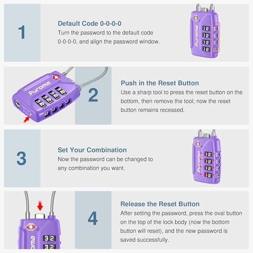 Image of Puroma TSA Approved Luggage Lock, 4 Digit Combination Travel Locks Resettable Code Lock with Zinc Alloy Body for Suitcase, Toolbox, Backpack, Bag, Gym Locker, Basic Purple, Classic