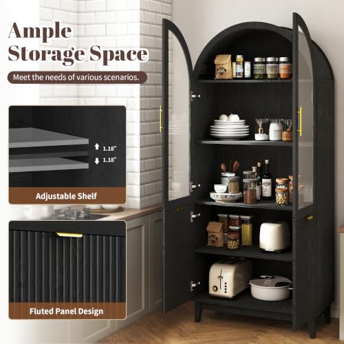 Image of Pamapic 71 inch Tall Arched Cabinet with Glass Doors, Fluted Kitchen Pantry Cabinet, Modern Wood Storage Cabinet with Adjustable Shelves, Curio Display China Cabinet for Dining Room, Living Room(Black)