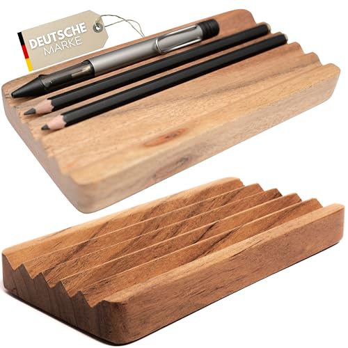 Plogis 2 Stück Stiftablage Holz aus Akazie - 2er Set 18x9cm Handgemachte Stiftschale Schreibtisch/Ablage für Stifte & Pinsel Holz/Pinselhalter Pinselablage & Federschale Stiftablage Schreibtisch