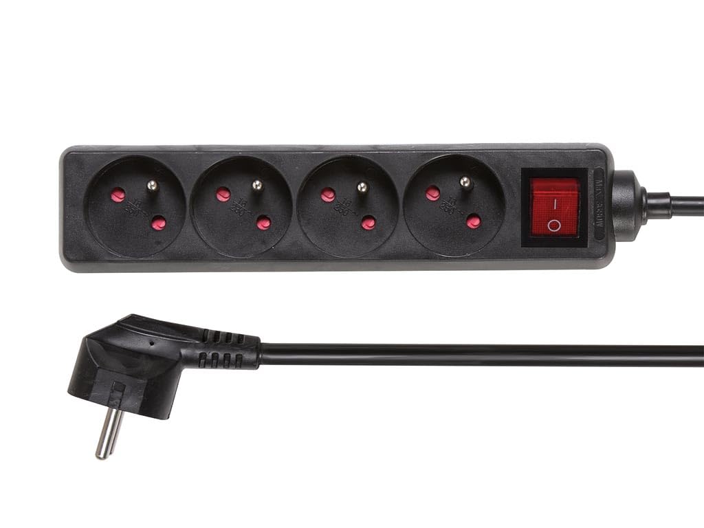 Perel 4-voudige Stekkerdoos Met Penaarde – Type E – 1,5 Meter Kabel – 45° Gedraaide Contactdozen – IP20 – Voor Binnengebruik – Zwart