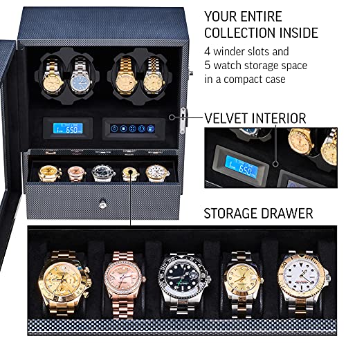 Image of 4 Watch Winder with 5 Watch Storage Space, LCD Display, Touch Control and Interior Light
