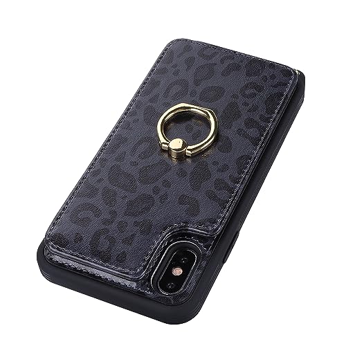 Image of for iPhone XR Case with Card Holder and Strap for Women,Crossbody Lanyard,RFID Blocking,Kickstand Ring Stand,Snap Clasp,Cute Phone Wallet Cases 6.1 inch(Black Leopard)