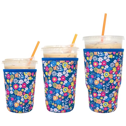 Image of 3 Pack Reusable Iced Coffee Sleeves - Xumbtvs Insulator Sleeve for Cold Beverages, Neoprene Coffee Cup Holder (Floral 01)