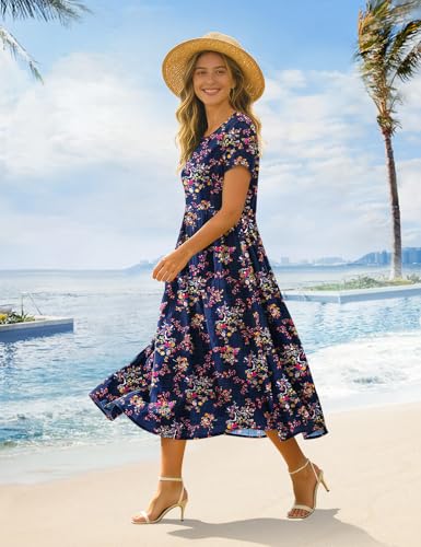 Image of Women's Summer Casual Loose Dresses Cotton Boho Floral Midi Dress for Women Beach Vacation with Pockets HD1