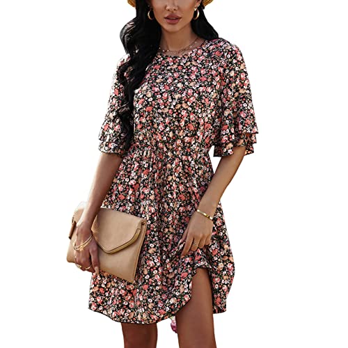 Sommerkleid Damen Knielang, Damen Kurzarmkleid Damen Elegantes Midikleid mit Blumenmuster Sommer Kurzarm Rüschenkleid A-Linie Rundhalsausschnitt Kleid mit Hoher Taille(XL-Rose) Cover