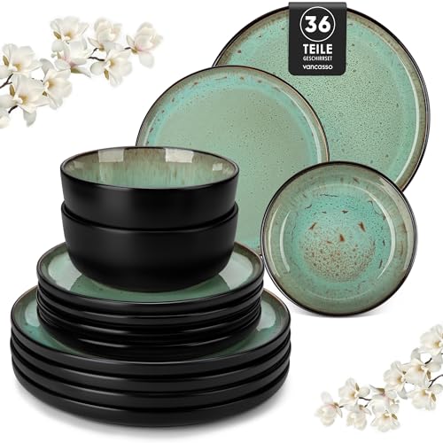 vancasso AMBER Servizio Piatti per 12 Persone, Set Piatti Moderni 36 Pezzi in Gres - 12 Piatti Piani, 12 Piatti Dessert e 12 Ciotole Cereali - Adatto per Lavastoviglie e Microonde - Smalto Verde