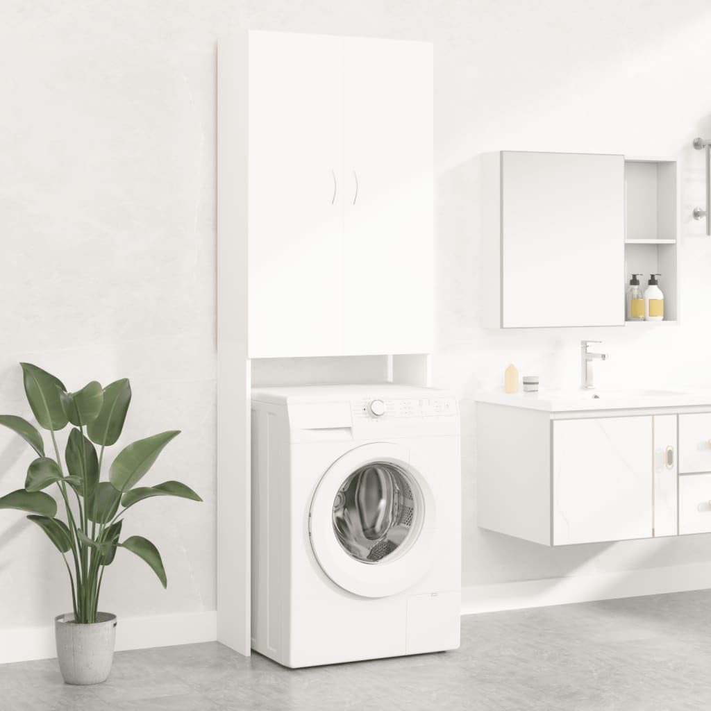 vidaXL Armario para Lavadora, Blanco, 64x25,5x190 cm, Madera de ingeniería, Mueble para lavandería con 2 Puertas y 3 Compartimentos, Estantería de baño, Mueble para el hogar