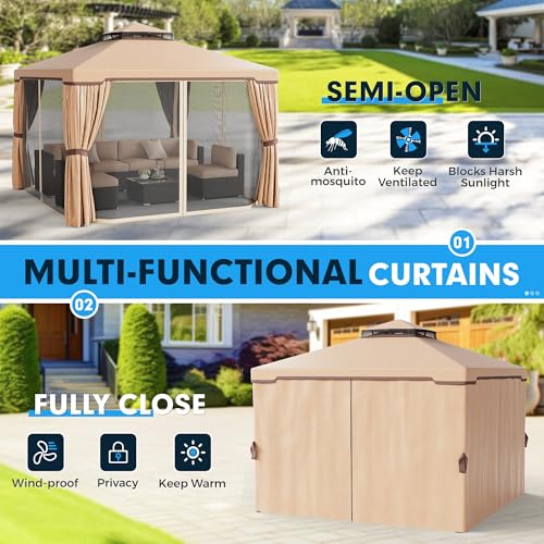 SUNCROWN 10 x 10 FT Outdoor Gazebo for Patio Iron Frame Garden Permanent Gazebo with Vented Soft Canopy and Mosquito Netting, Khaki