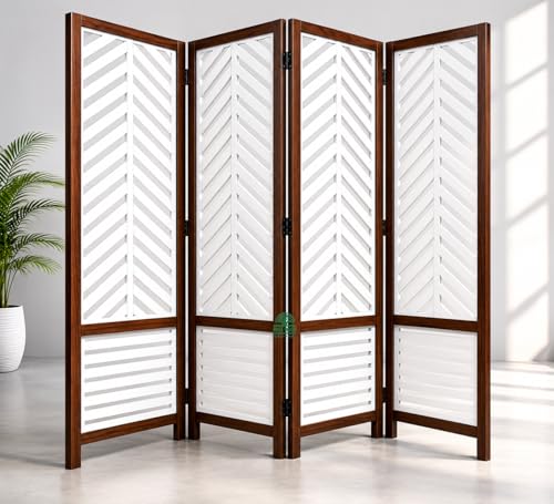 Image of Wooden Room Divider 6 Feet, 4-Panel Folding Wooden Partition for Living Room, Office, Pooja Room, Restaurant, Kitchen & Balcony (2W x 1.82H Meters). (White-Tree Pattern)