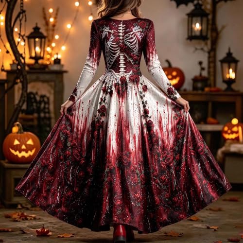 DAIZHUJISLYLT Skeleton Dress,LSkeleton Dress Women Halloween Skull Rose Print V-Neck Maxi Dresses Fall Gothic Vampire Cosplay Costumes(Red_01,Medium) - image 5