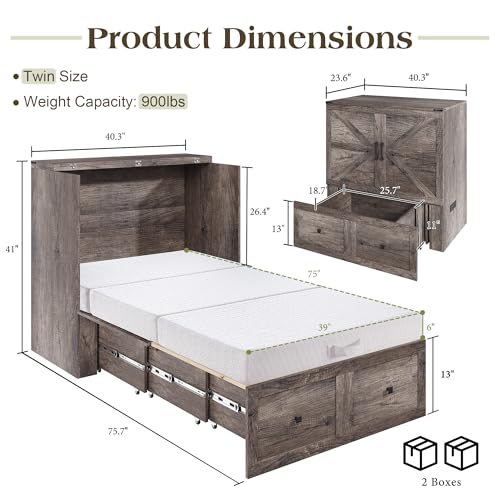 Image of LUXOAK Twin Murphy Bed with 6 inch Tri-Fold Memory Foam Mattress, Storage Drawer & Charging Station, Space-Saving Design for Home Office or Guest Room, Rustic Grey