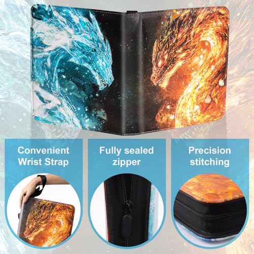 Image of Dragon 9 Pocket Trading Card Binder Album, Holds 900 Cards with 50 Removable Double-Sided Sleeves, Waterproof PU Leather Zipper Binder for TCG, MTG, Sports Cards