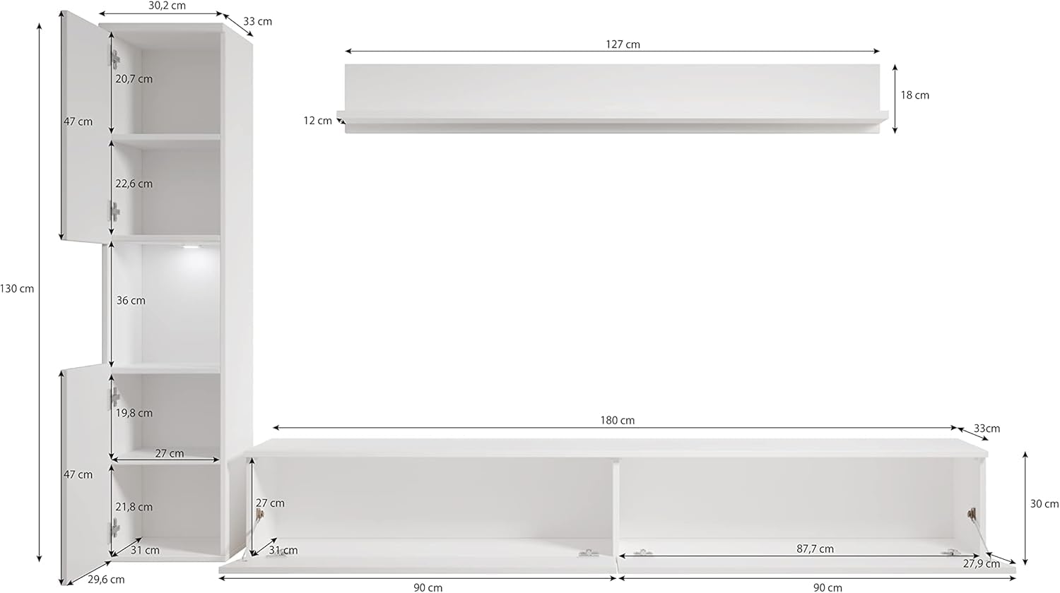 MINIO go for it - Wohnwand Parma 3-Teilig Set Hängend oder Stehend LED | Highboard, Lowboard, Wandboard, Laminierte Spannplatte, Farbe: Graphit Matera / Weiß Hochglanz