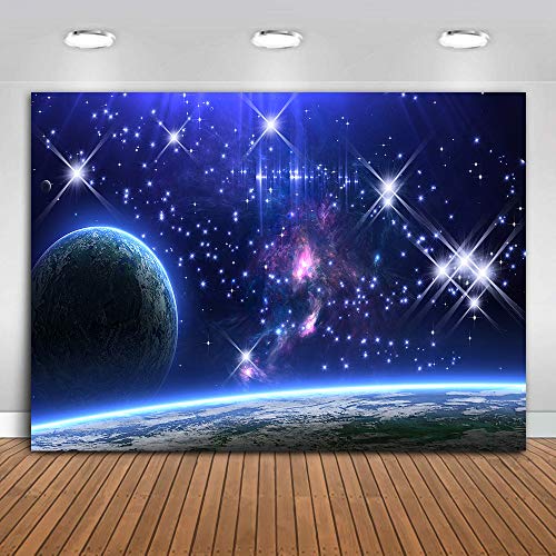 MTMETY Galaxy Backdrop Stars Sky Background Dark Blue Halo Glitters Stars Purple The Earth Props Photo Studio 9x6ft BJXYME11