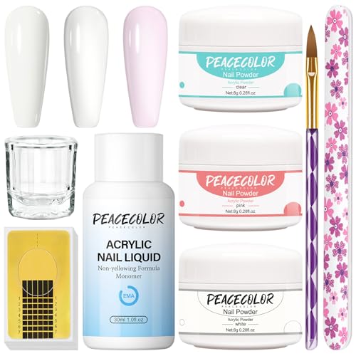 Peacecolor Kit Polvo Acrilico para Uñas 3 Colores Juego De Uñas Acrílicas Profesional y 30ml Liquido Monómero Acrilico Kit Uñas Accesorios