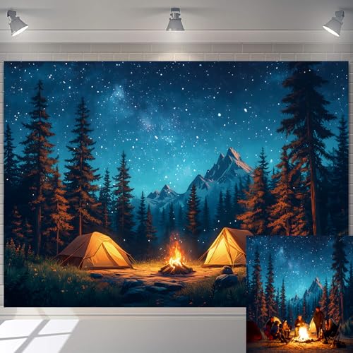 10X8FT Forest Scene Camping Backdrop Camping Photography Background for Children Adults Happy Camping Party Banner Decorations Campfire Tent Photo Shoot Backdrops (Polyester)