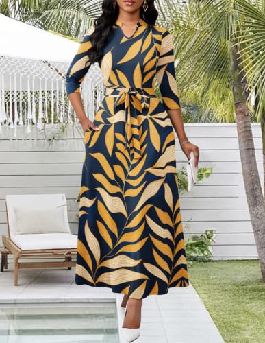 Image of BubFee Maxi Dresses for Women Semi Formal Long Dress 3 /4 Sleeve Casual A-line Church Dresses with Pockets