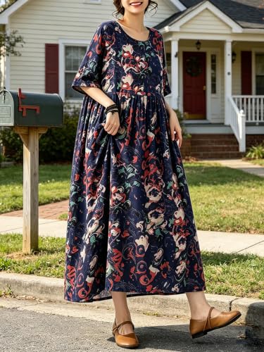 Image of Women Plus Size Casual Dresses Floral Printed O Neck Short Sleeves Summer Oversized Dresses Boho Loose Fitting Wear