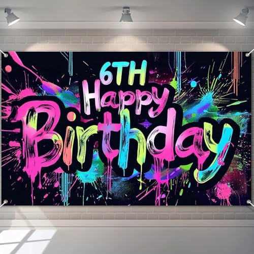 Image of HOMETITUTE Neon 6th Happy Birthday Banner 71x43 Inch Birthday Backdrop | 6th Birthday Decorations Banner Glow In The Dark Party Supplies Photography Background for Party